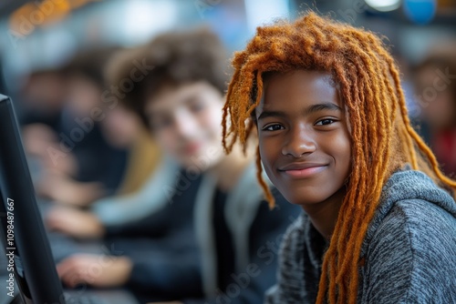 A group of students in a modern classroom learning the basics of computer literacy on desktop computers. Generative AI photo