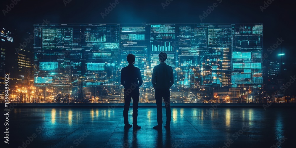 Fototapeta premium Two individuals stand captivated by colorful digital projections illuminating the urban landscape, reflecting the pulse of technology and innovation