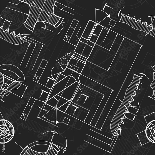 Mechanical engineering drawings on black background. Tap tools, borer. Technical Design. Cover. Blueprint. Seamless pattern. Vector illustration.