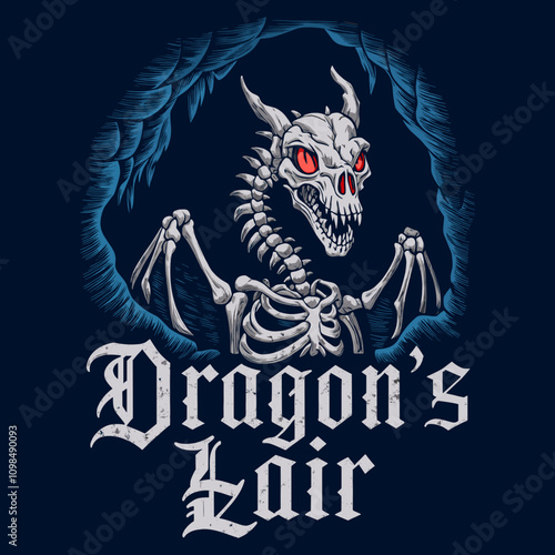 Skeleton Dragon with Red Eyes in Lair Illustration on Black Background