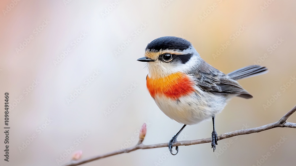 Fototapeta premium A small bird with a red breast and a black and white streaked belly perched on a thin twig against a blank canvas like backdrop.