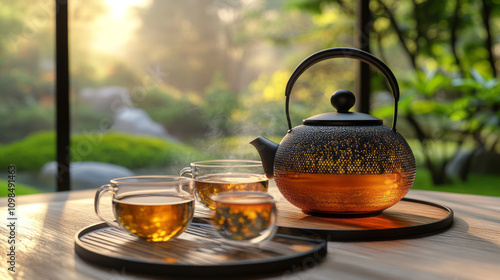 Traditional Japanese herbal tea made in old teapot photo