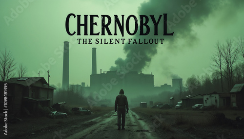 Lone figure in yellow hazmat suit walking toward industrial site.  Lone figure walking toward an industrial facility under a green sky  