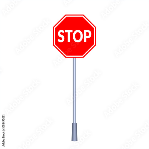 Image of stop sign with pole. Vector illustration for apps or web design. Traffic regulatory warning. A stop sign is a traffic sign for to notify drivers that they must come to a complete stop.