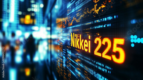 Gelbe Leuchtreklame Nikkei 225 - Börsenhandel in Japan, Darstellung Nikkei 225 Aktienindex auf großem Monitor, Börsenhandel der 225 bedeutendsten Unternehmen an der Tokioter Börse