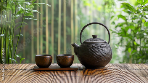 Traditional Japanese herbal tea made in old teapot photo