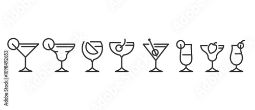Cocktail glasses and classic alcoholic cocktails vector icon. Simple cocktails icon set. Thin line icon set. Symbol collection in transparent background. Editable vector stroke. Eps10.