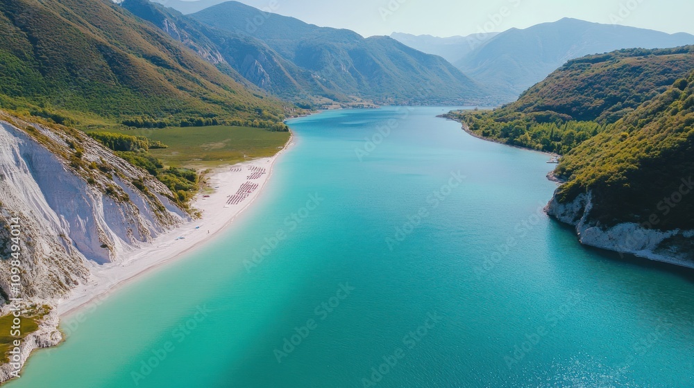 Obraz premium Aerial View of Turquoise Lake and Sandy Beach in Mountains