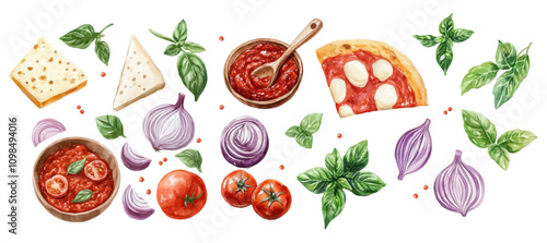 Italian ingredients for pizza watercolor. Green basil, tomatoes, tomato sauce, hard cheese, red onion and a slice of pizza png. Italian cuisine. Vector illustration.