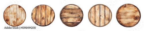 Set of watercolor round wooden round plates png. Wooden board texture. Round frame with drake texture on transparent background. Wooden signboard or plank for banner message.