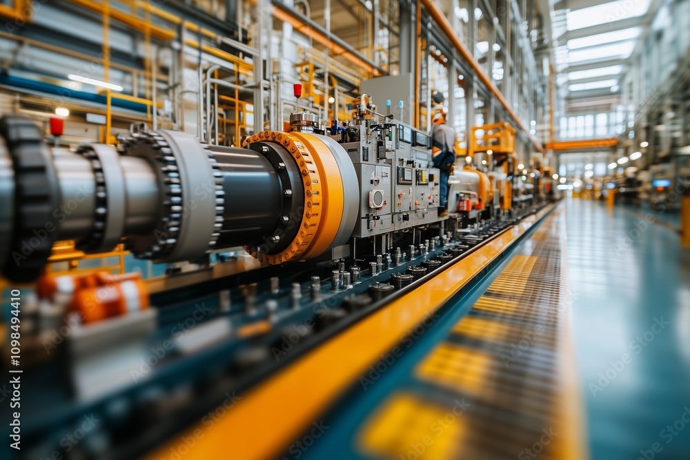 Fototapeta premium A close-up view of a sophisticated manufacturing line in a clean, well-lit industrial facility.