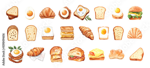 watercolor set of breakfast sandwiches png. Sandwiches, croissants, egg toast, cheese toast and other watercolor pastries. Hot breakfast bread. Bread toast. Breakfast food watercolor.