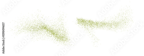 Flying matcha powder, dust particles in motion, green splashes isolated on white background. Vector illustration.