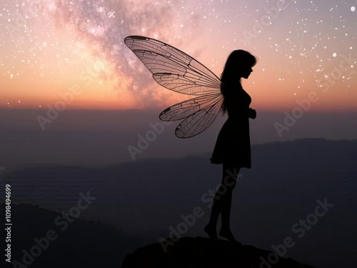 A digital illustration of a neon angel in a night sky photo