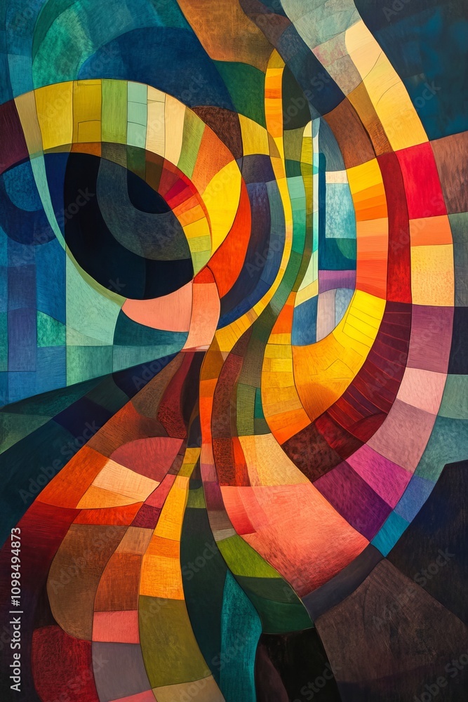 Obraz premium A vibrant abstract artwork featuring colorful geometric patterns and dynamic curves, perfect for modern design projects.