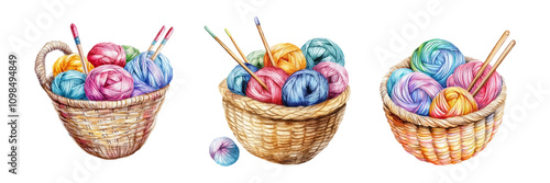 Watercolor set of baskets with knitting threads with knitting needles png. Wicker baskets filled with colorful balls of knitting threads with knitting needles stuck in them. Hobby and needlework 