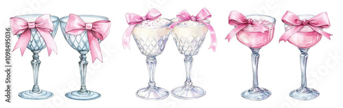 Watercolor set of crystal glasses with cocktails decorated with a pink bow. Crystal vintage transparent glasses filled with drinks, and decorated with a pink satin ribbon bow. 