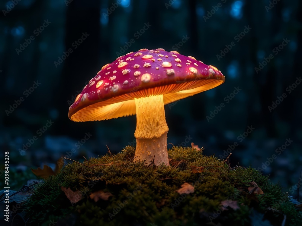 Fototapeta premium A neon mushroom sculpture in a dark forest setting