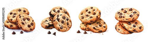Watercolor set of American epciva png. Shortbread cookies with chocolate pieces. Watercolor sweets and desserts. Vector illustration.