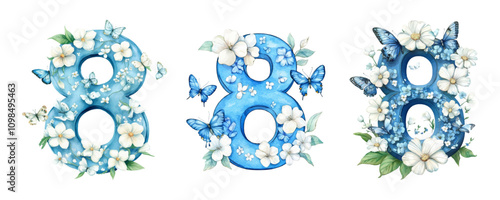 Watercolor set of blue numbers 8 decorated with flowers and butterflies png. Symbol of International Women's Day and Spring Holiday. Elements for March 8. Vector illustration. photo