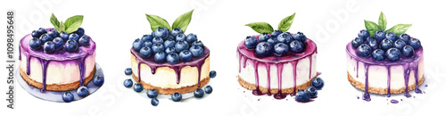 Watercolor set of blueberry cheesecakes png. Cheesecakes with a crust decorated with blueberry frosting and drizzled with berry glaze. Watercolor desserts. Vector illustration.