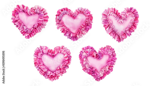 Watercolor set of pink heart pillows with ruffles png. Cute pink satin heart pillows decorated with ruffles. Symbol of love and mischief. Vector illustration.