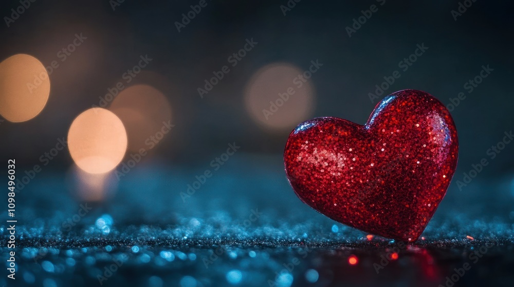 Obraz premium Red glitter heart on sparkling surface with bokeh background.