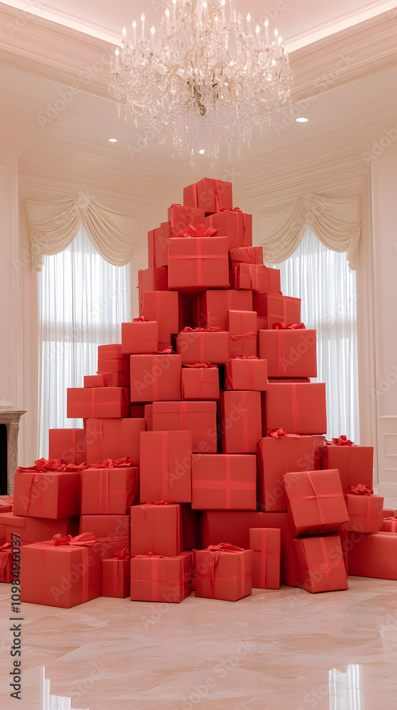 Fototapeta premium Large Massive Red Gift Boxes Standing Tall | Festive Holiday Scene with Decorative Ribbons | Perfect for Christmas, Birthdays, or Special Occasions