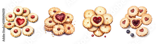 Watercolor set of appetizing heart-shaped cookies with jam. Sweet cookies with a heart inside lined with jam. Watercolor sweets. Valentine's Day concept.