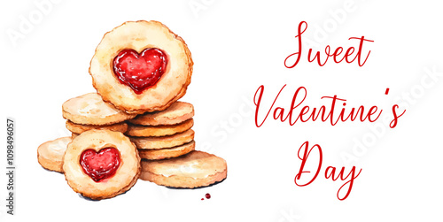 Sweet Valentine's Day banner with watercolor heart-shaped cookies. Watercolor shortbread cookies with a heart-shaped jam hole. Valentine's Day banner. Vector illustration.