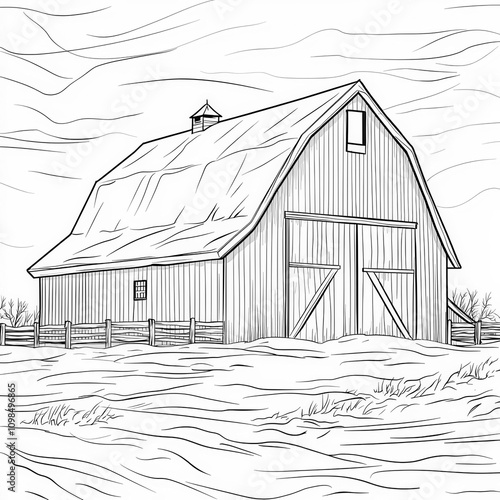 A snow-covered barn in a wi...