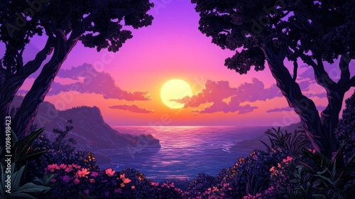 Vibrant Sunset Over Ocean Coastline Framed By Lush Tropical Trees