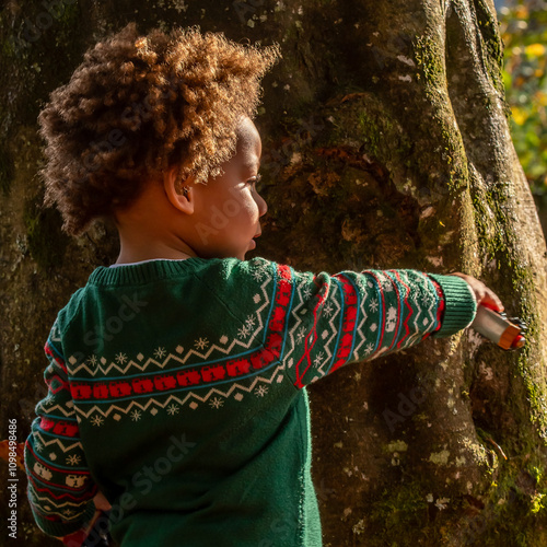 A toddler playing hide and seek behind a tree trunk. Bright and warm colours with golden sunlight. Multi ethnic boy.    photo