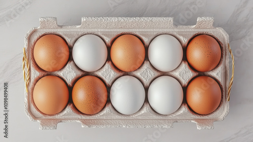 Fresh organic eggs in carton, featuring mix of brown and white eggs, arranged neatly. This 3D illustration captures essence of farm fresh produce photo