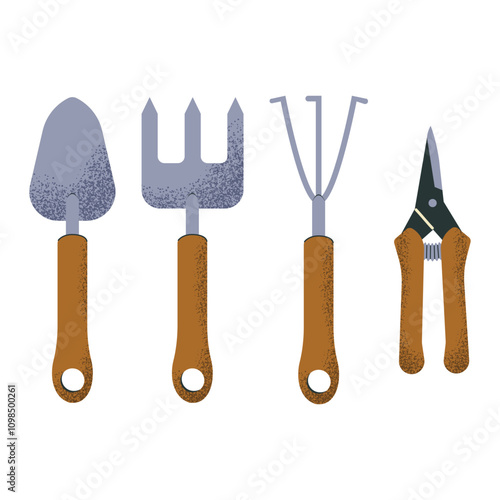 A set of garden tools: a shovel, a rake. scissors pruner. Vector illustration isolated on a white background.