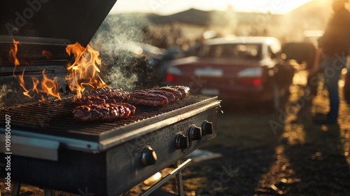 Setting up a grill station at the tailgate party before the big game, 4K hyperrealistic photo  photo