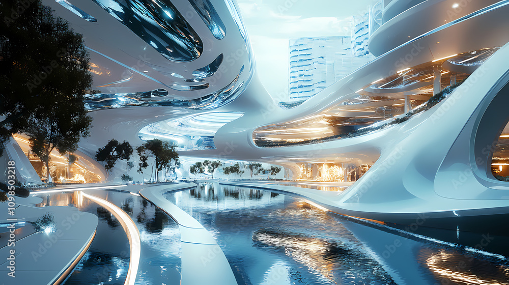 Fototapeta premium Futuristic cinema of tomorrow: immersive architectural wonder with advanced screening tech. Futurism. Illustration
