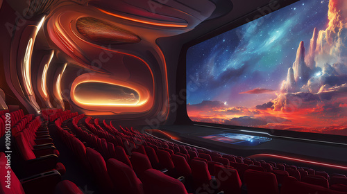 Futuristic cinema of tomorrow: immersive architectural wonder with advanced screening tech. Futurism. Illustration photo