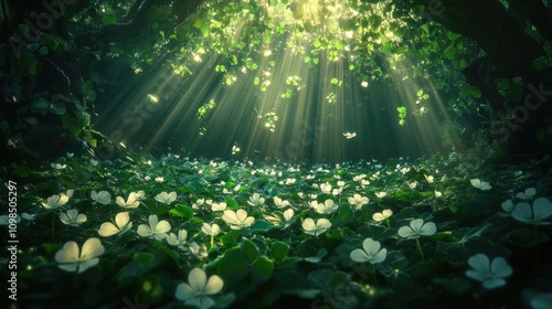 Enchanting forest canopy illuminated by sunlight with clover field. Happy St. Patrick's Day. Saint Patrick photo