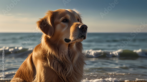 A majestic golden retriever, half-body portrait, sitting gracefully with its fur glistening under the sunlight, with a serene ocean backdrop and gentle waves