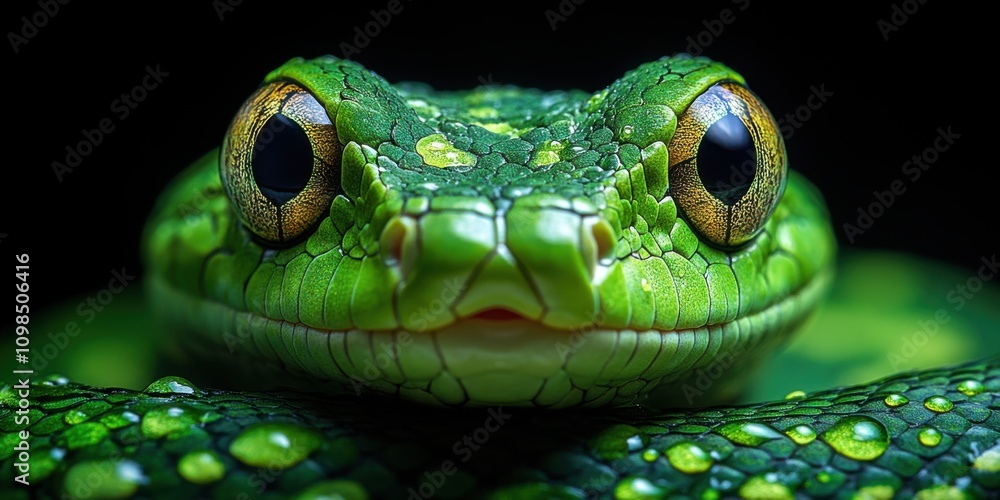 Fototapeta premium Close-up of a snake on a vibrant green background. Elegant and mysterious reptile profile. Ideal for wildlife and nature-themed visuals.