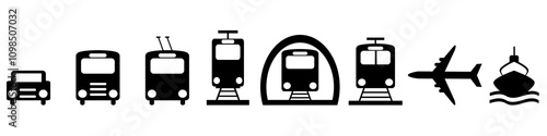 Collection of city transportation icons car, bus, tram, train, metro, airplane, ship .eps