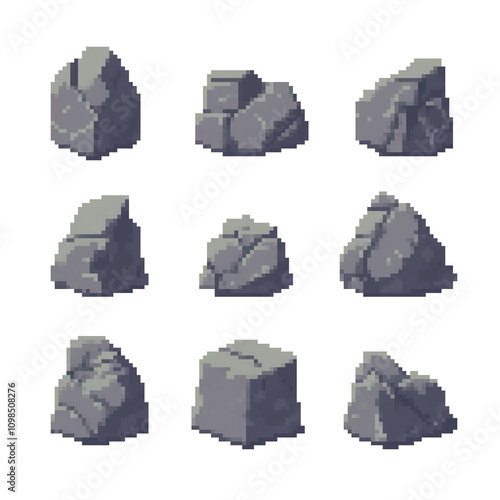  Pixel art set of rocks