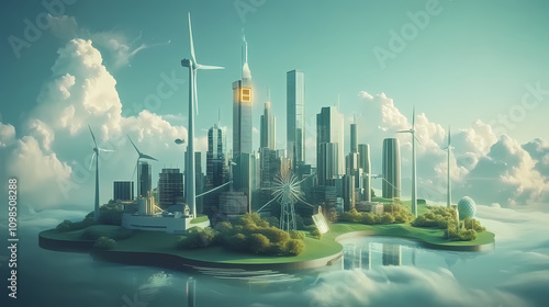 Eco conscious megastructures harnessing renewable energy in a futuristic cityscape as a unique illustration. Futurism. Illustration photo