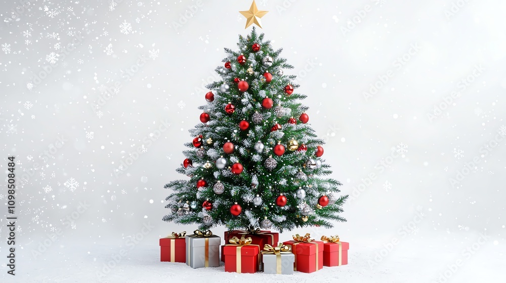Obraz premium Festive Christmas tree with gifts under it.