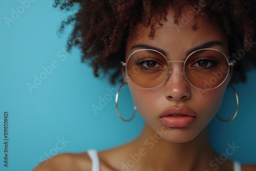 Stylish dark-skinned woman with glasses and hoop earrings. Elegant and bold fashion concept. Perfect banner for beauty and lifestyle visuals. photo