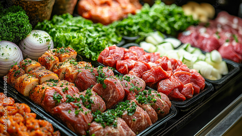 Obraz premium A diverse arrangement of meats, vegetables, and herbs on a table, highlighting fresh ingredients for a delicious meal