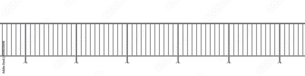 Naklejka premium Metal fence with rails isolated on transparent background. Steel balcony with balustrades. Vector realistic 3D illustration of iron barrier, stairs balustrade for interior design.