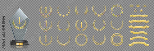 Glass award trophy vector set. Collection of 3d realistic crystal mockup prize for winner with number 1, different gold laurel wreath, ribbons and crowns on transparent background.