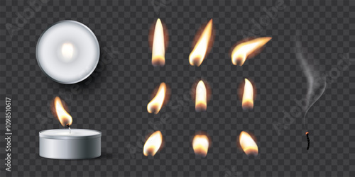 Candle flames. Candlelight fires vector illustration set. Realistic flame light on wick of candlestick, small romantic glow flare in night, collection isolated on transparent background.